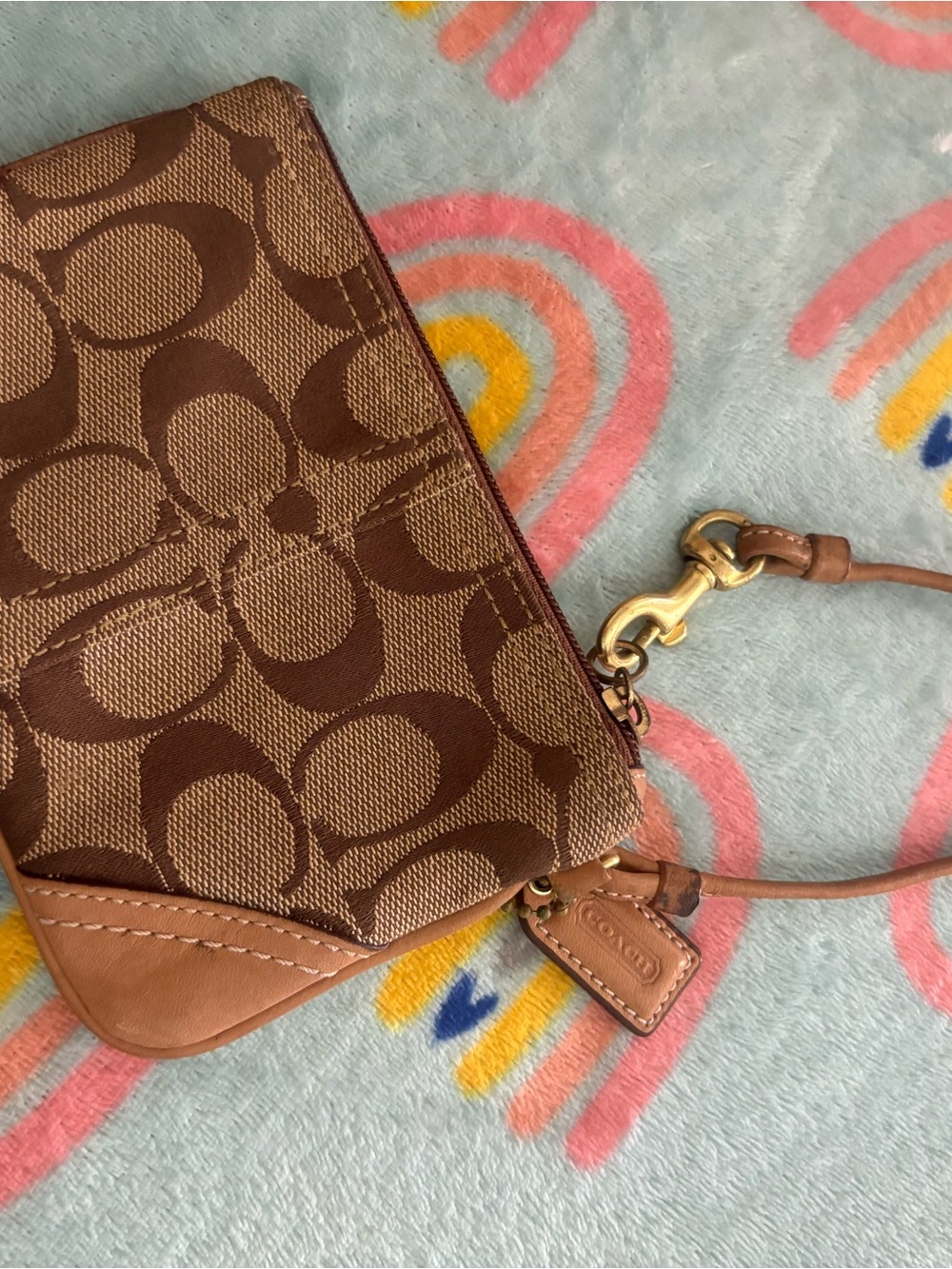 Coach Signature Canvas Wristlet in Brown and Tan